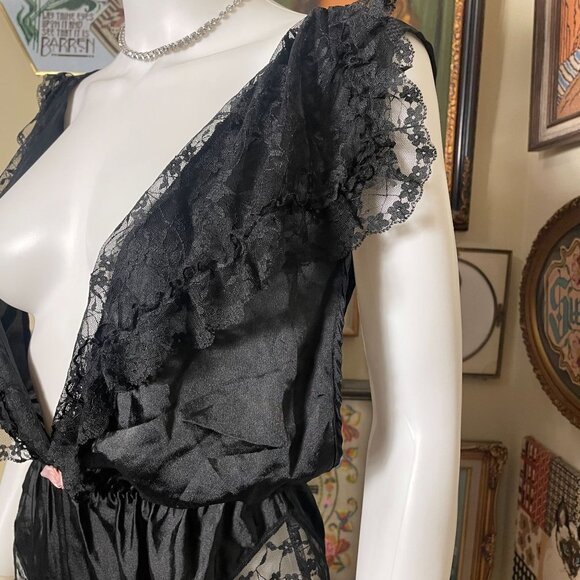 80s Vintage Lily Of France Black Nylon Deep V Teddy Jumper with Lace Trim Size M - Picture 5 of 7